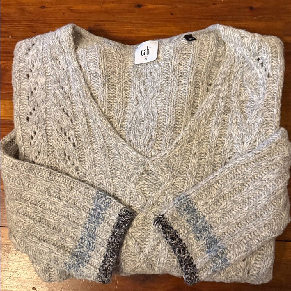 CAbi Horizon Boxy intentional Oversize Sweater Gray Cotton V-Neck Long Sleeve